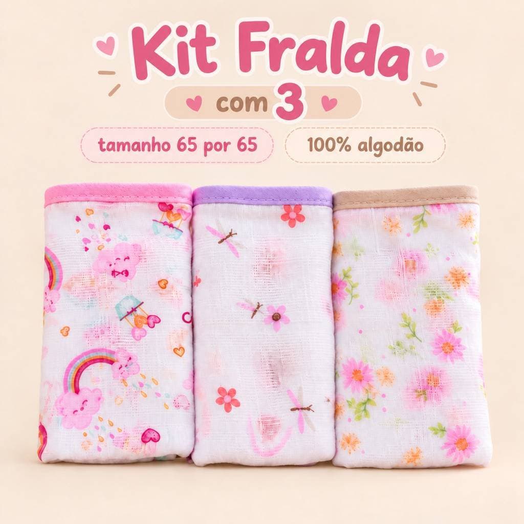 Kit 3 Fraldas de pano Bebê 65x65 100% Algodão Macia Confortável Absorvente Estampada Enxoval Recém-Nascido Menina menino