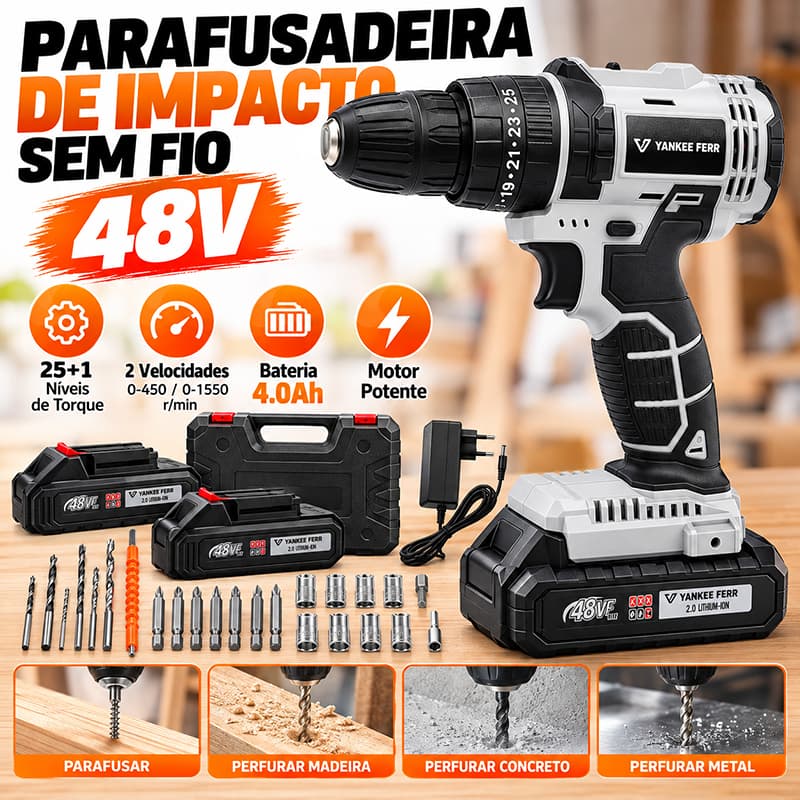 Kit 2 em 1 Parafusadeira Furadeira Sem Fio Impacto 48V 85 N.M Profissional Elétrica Brushless