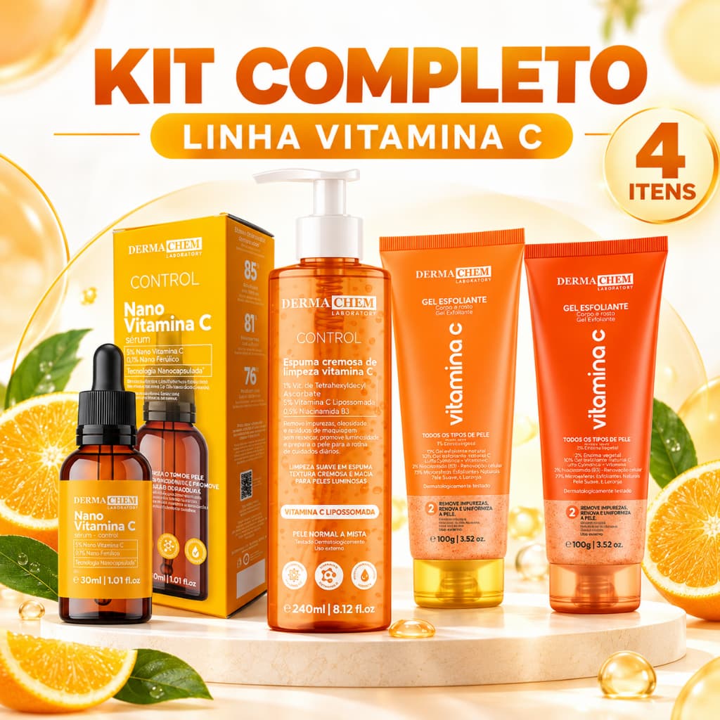Kit Vitamina C Dermachem Anti-Idade Sérum Nano Vitamina C Espuma Sabonete Facial Gel Esfoliante 2 a 8 Itens