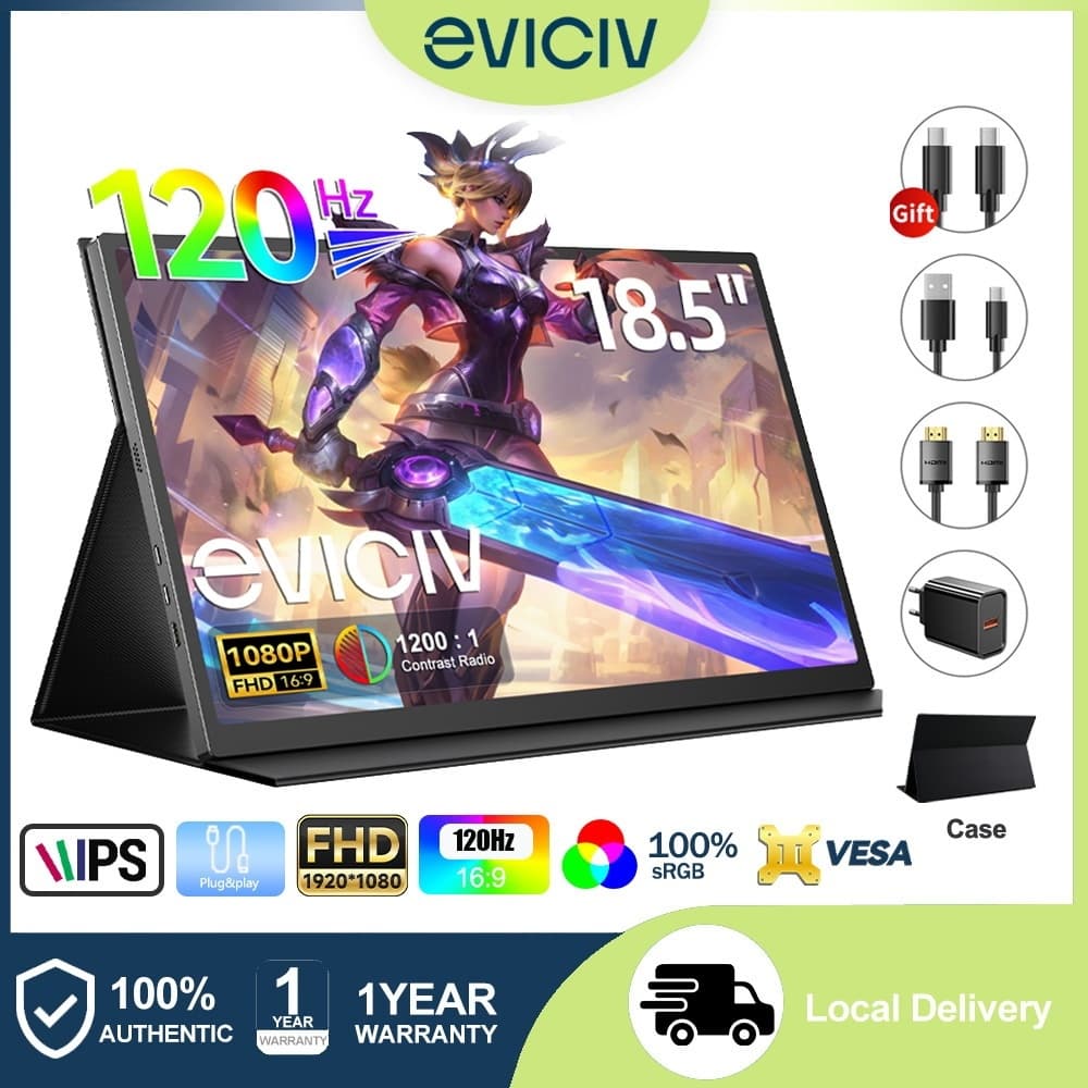 EVICIV Monitor Portátil Gamer 18,5" 120Hz 1080P IPS HDR 100%sRGB,USB-C HDMI,Suporte VESA,Notebook/PC/Mac/PS5/Switch/Xbox