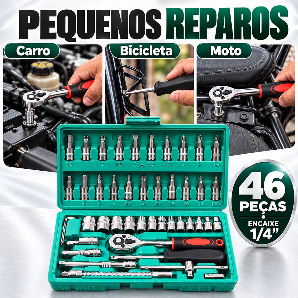46 Peças Verde Kit Chaves Jogo Catraca Reversível Soquetes Maleta