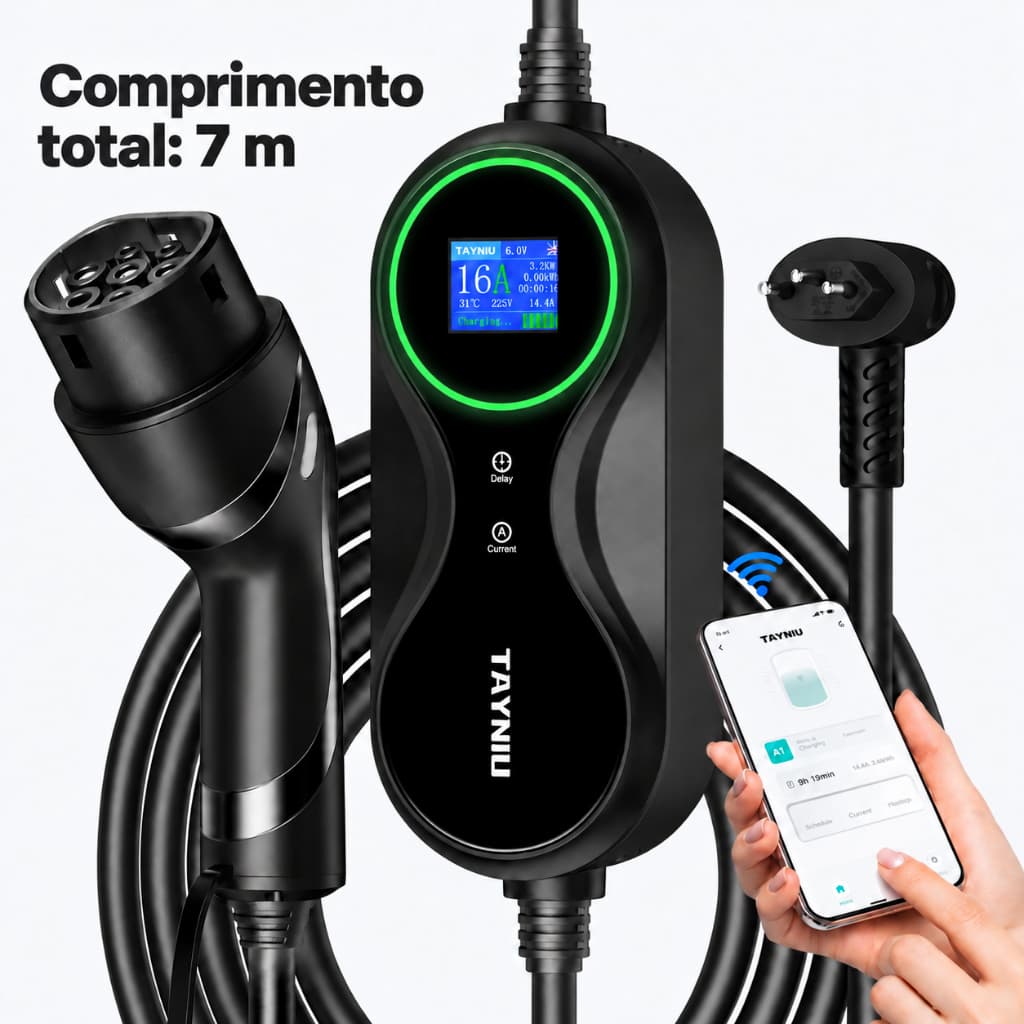 TAYNIU Carregador de Veículo Elétrico 3.5kW 5m 7m Tipo 2 Portátil Compatível com BYD Dolphin, Caoa Chery iCar e Outros