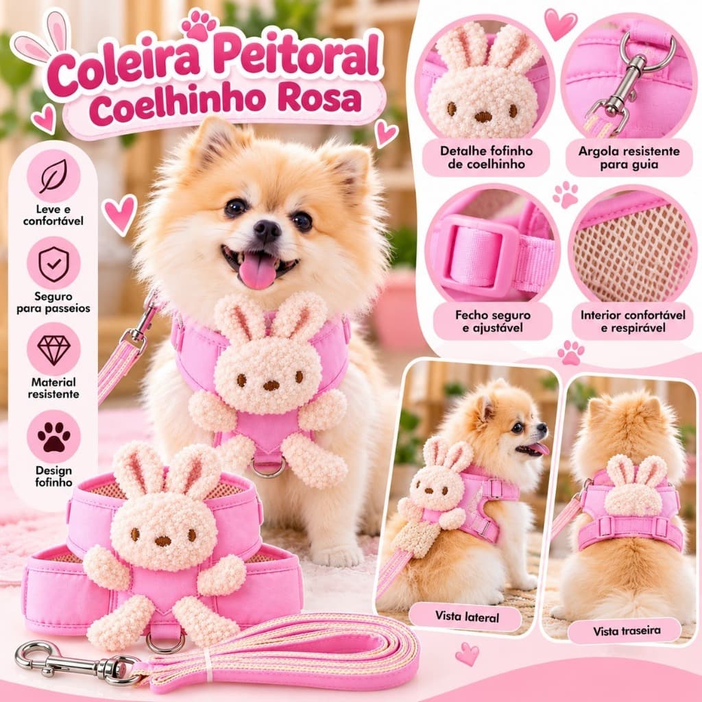 Coleira Peitoral Coelhinho Rosa para Cachorro Pet Ajustável com Guia – Confortável e Fofinha para Passeio