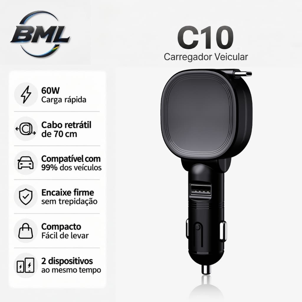 BML Carregador de Carro Retrátil 2 em 1, Cabo Tipo-C Embutido 60W, Carregador Rápido para Veículo