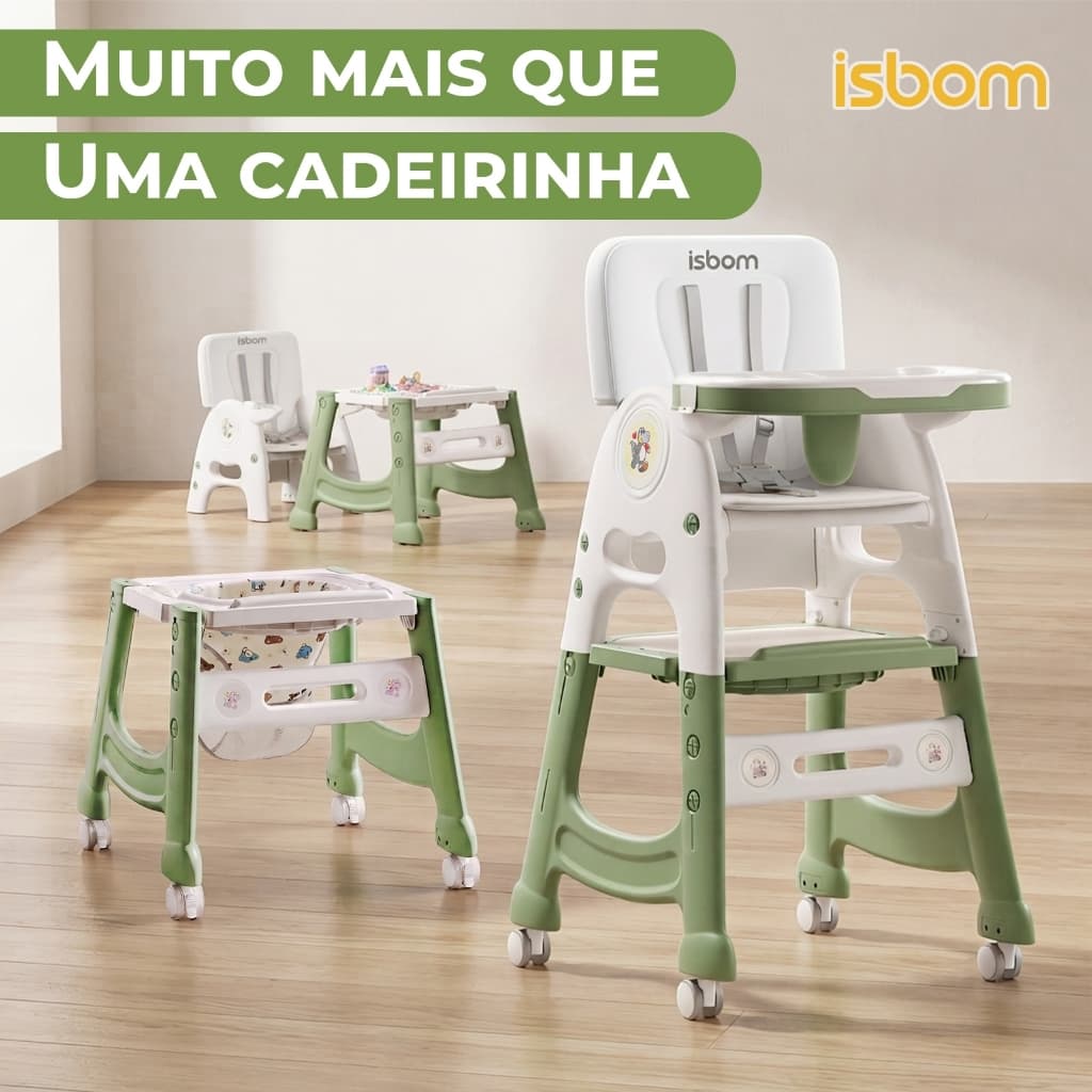 ISBOM Cadeira De Alimentação Portátil Bebê Multifuncional 6 em 1 Gourmet C/ Cinto Bandeja Dupla Rodinhas