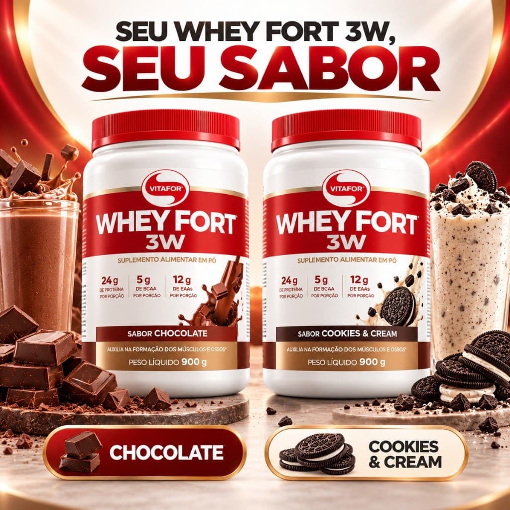 Proteína Whey Protein VitaFor Whey Fort 3W 900g Chocolate/Cookie 24gr de proteína por porção