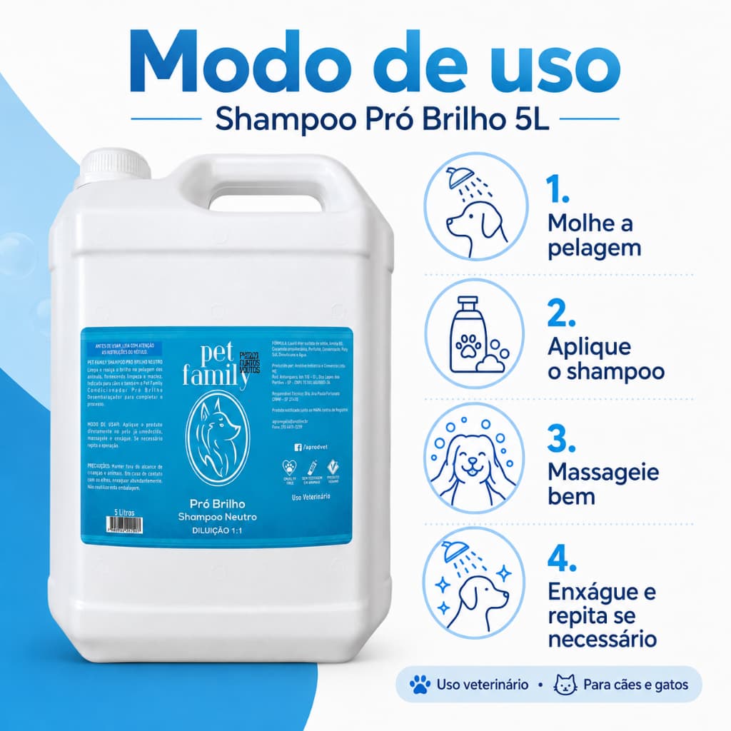 Shampoo Pet Pro Brilho Vegano Para Cães e Gatos Galão 5L Pet Family