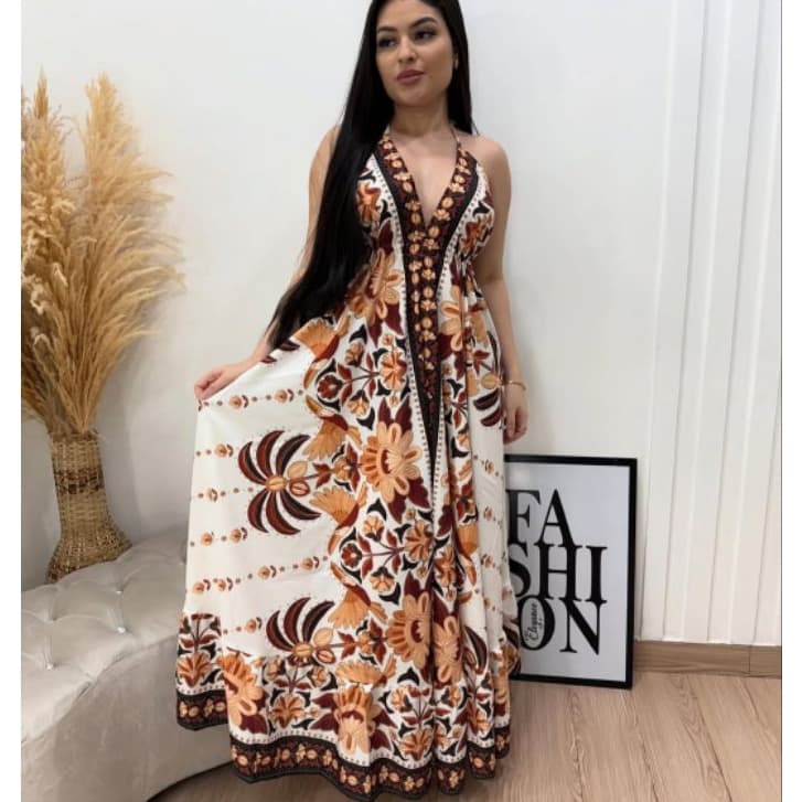 Vestido Feminino Longo Estilo Indiano Boho Chic estampado  Alças Amarração e Costas Nuas