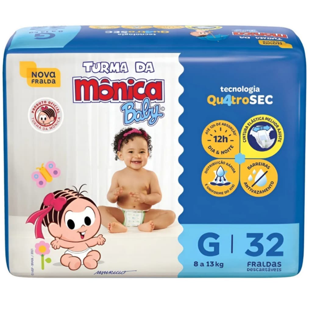 Fralda Turma da Mônica Quatro Sec G 32 Fraldas 7 a 14 kilos