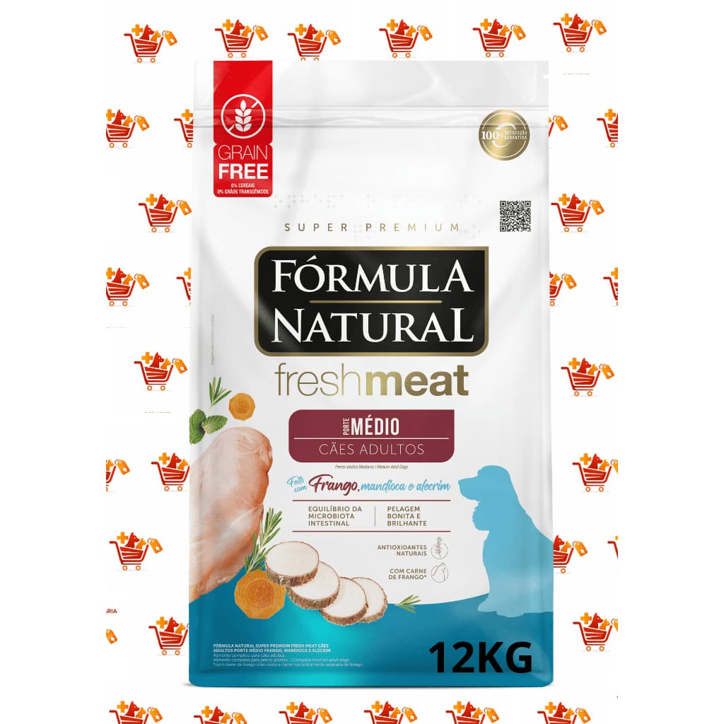 Ração 12 kg Fórmula Natural Super Premium Fresh Meat Cães Adultos Porte Médio Frango, Mandioca e Alecrim