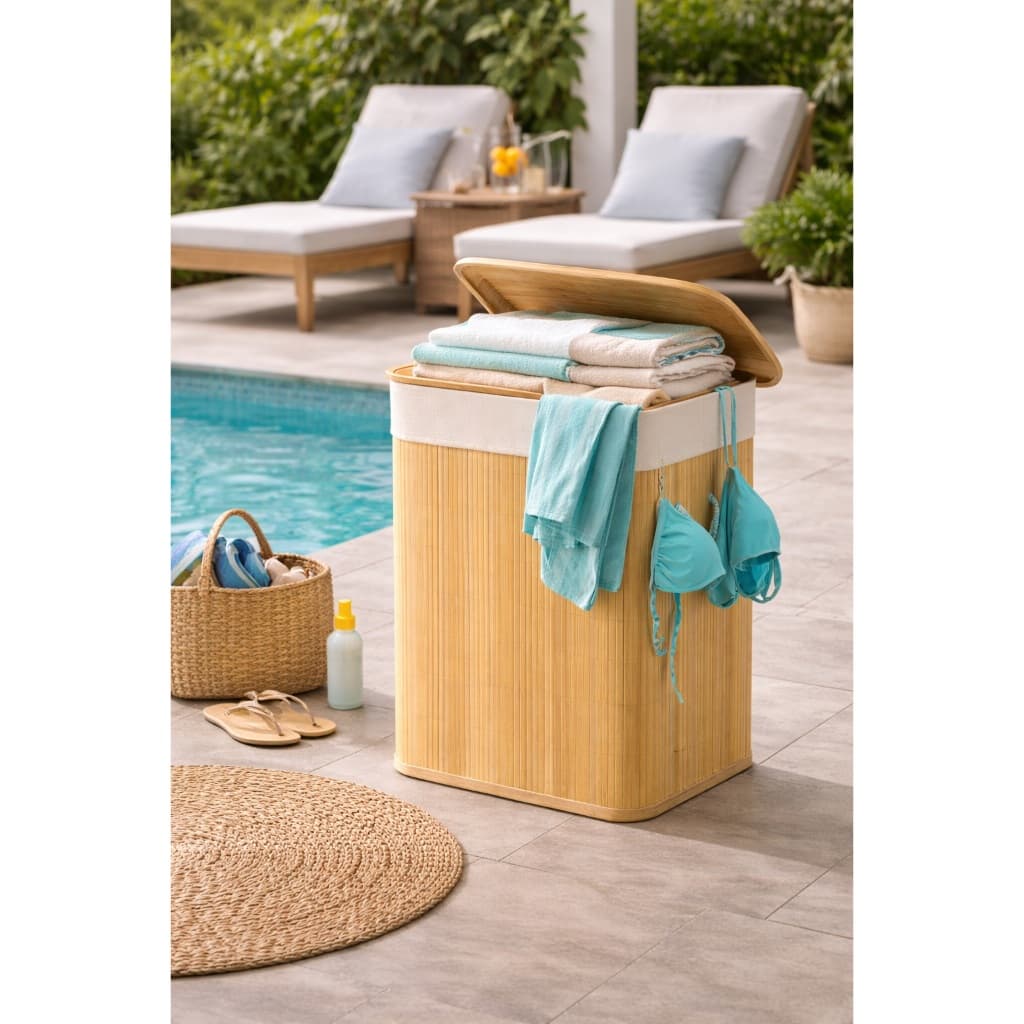 QUEIMA DE ESTOQUE - Kit Cesto Roupa Suja de Bambu com Tampa 70L Organizador Lavanderia Banheiro