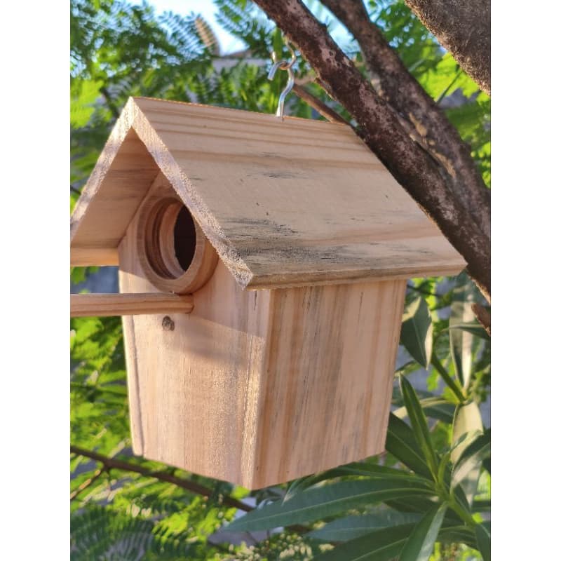 Casinha de Madeira para Pássaros / Ninho Natural para Jardim | Canário, Periquito e Andorinha com Gancho para Pendurar
