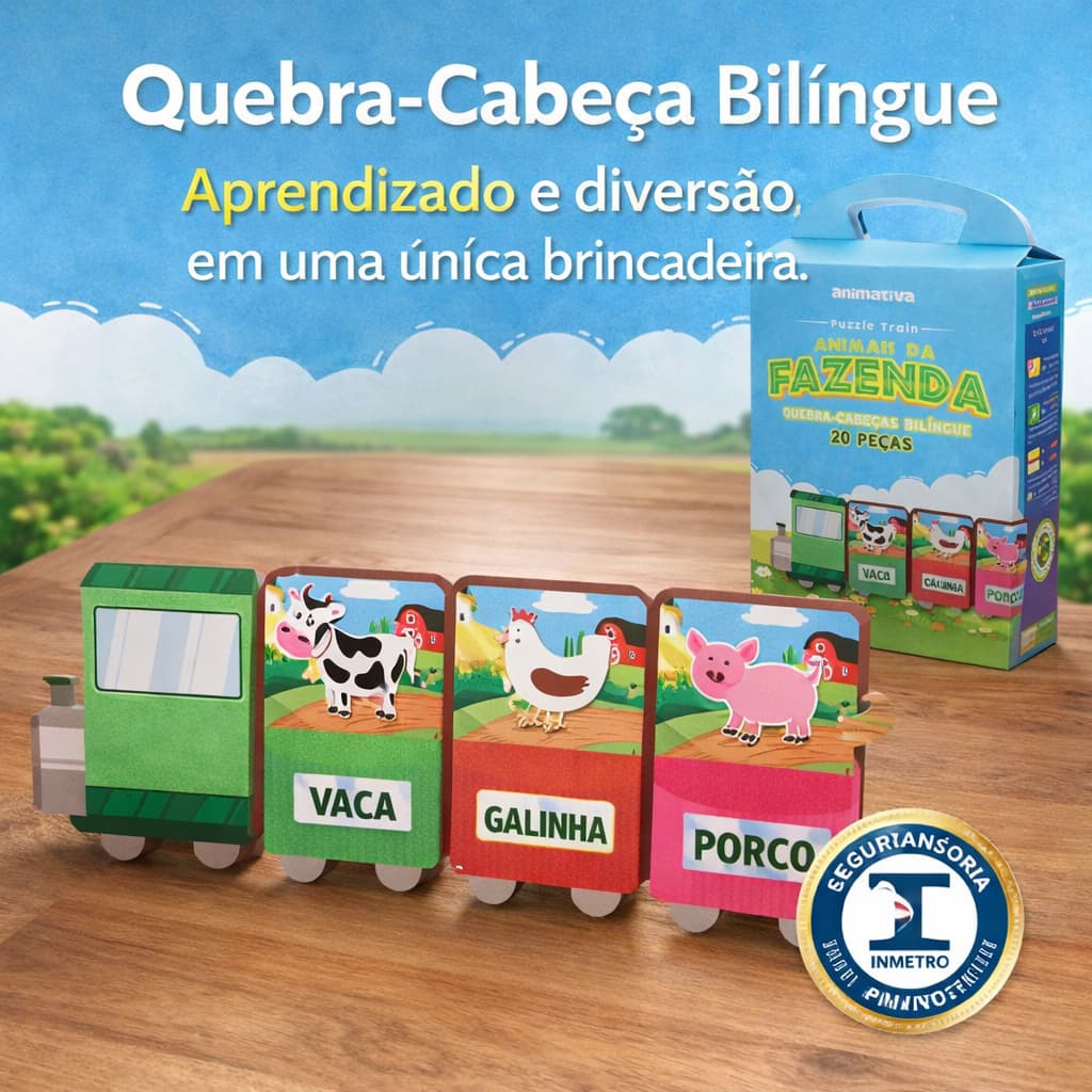 Quebra Cabeça Infantil Educativo Bilíngue Animais da Fazenda 20 Peças | Brinquedo Educativo Criança INMETRO