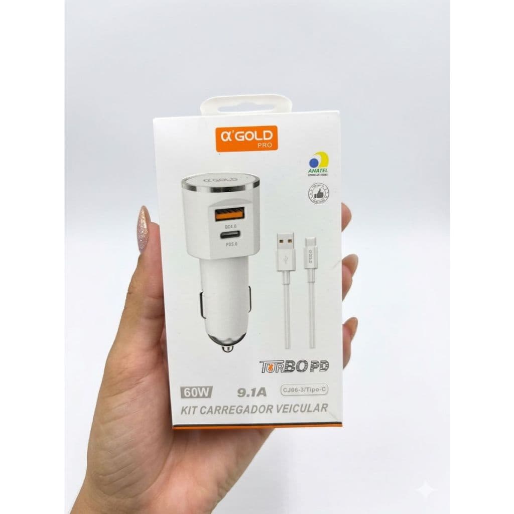 Carregador Completo Veicular USB A'Gold Branco 9.1A TURBO 60W