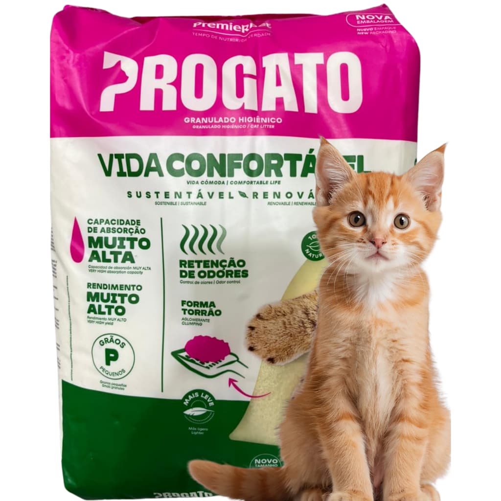 AREIA SANITÁRIA BIODEGRADÁVEL PARA GATOS - PROGATO VIDA CONFORTAVEL FINA - PREMIER PET - 4 KG