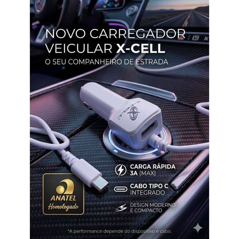 carregador veicular rápido (turbo) com cabo type C integrado