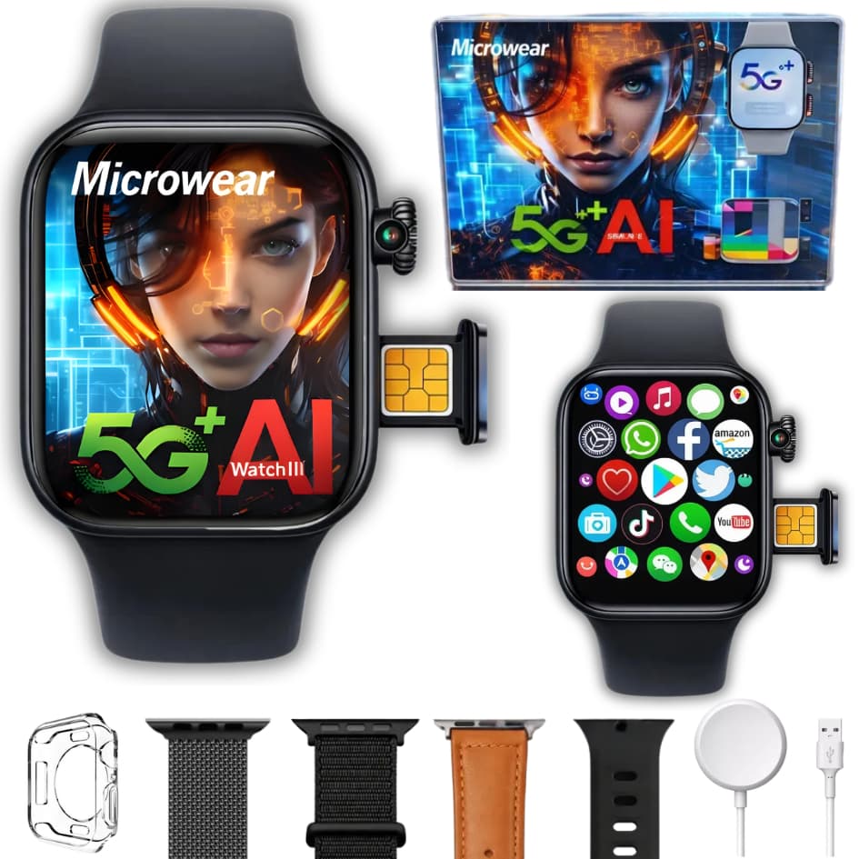 Smartwatch Relógio  W11A 5g Chip 46mm com Camera Microwear 4 Pulseiras Chip WhatsApp-Spotify-Etc