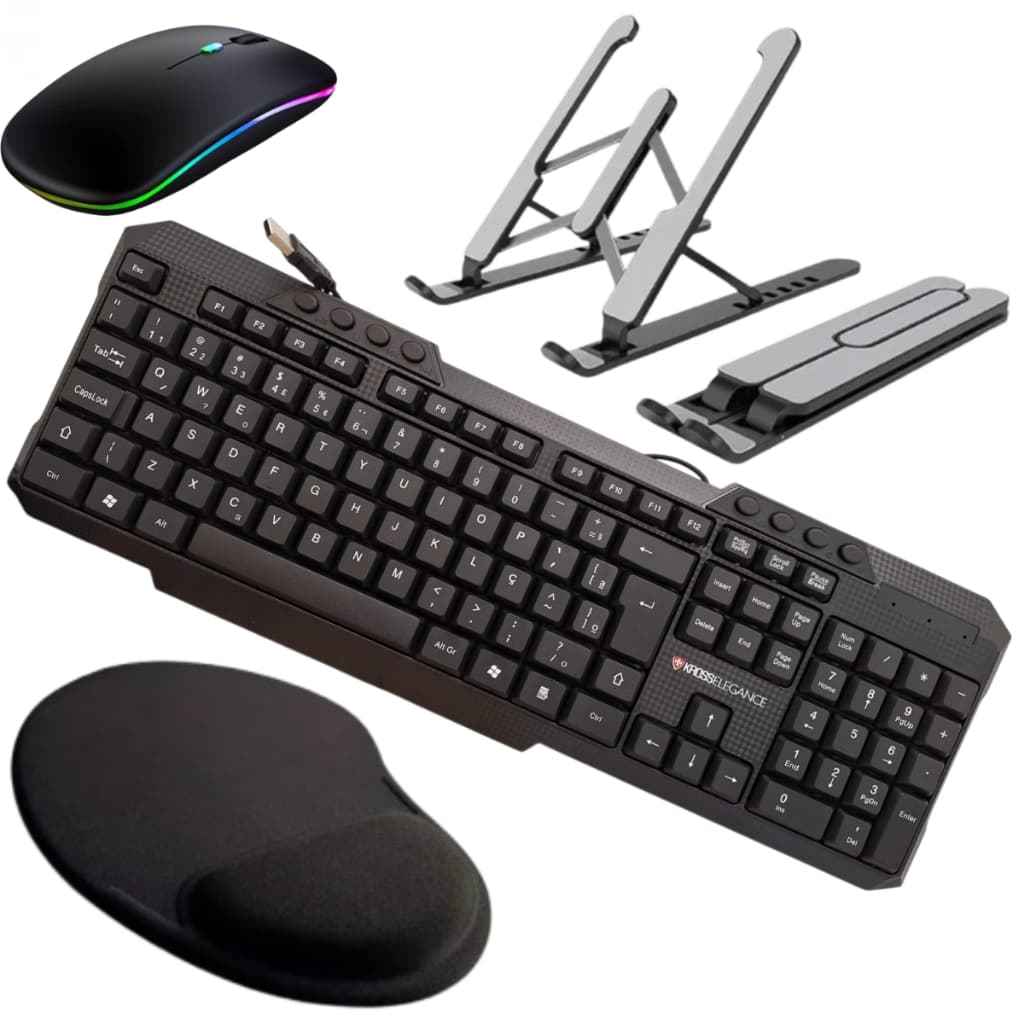 Kit Suporte De Notebook + Teclado Com Fio knup KP-2002 + Mouse Sem Fio + mouse Pad com apoio