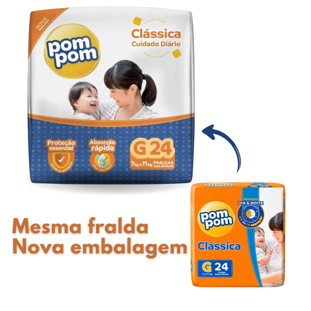 Fralda Descartável Pom Pom Clássica  G com 24 Tiras  De 7 á 11 KG  ATACADO BARATO Dia e Noite