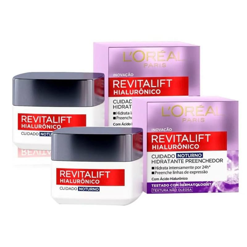 Kit Creme Facial Anti-idade L'Oréal Paris Revitalift Hialurônico Noturno + Diurno FPS 20, 49g (2 produtos)