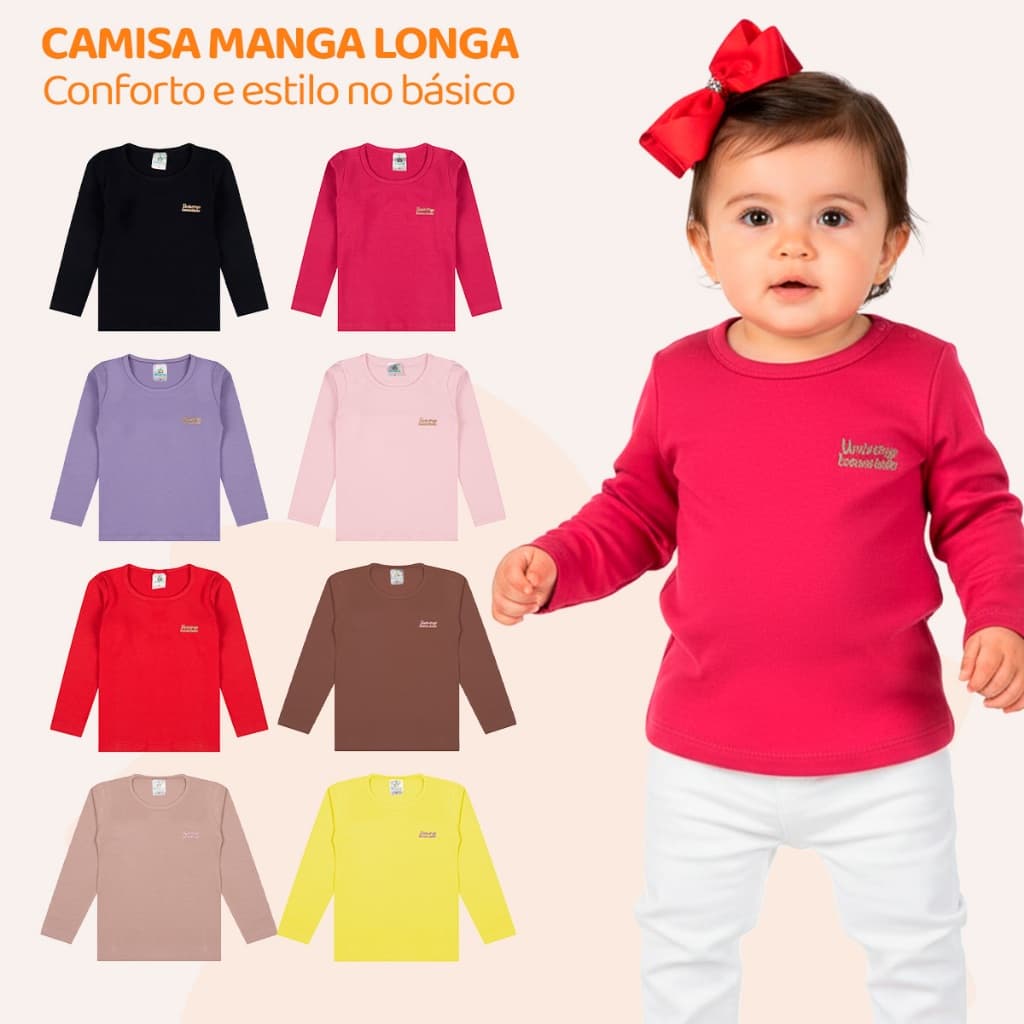 Kit 3 Blusas Manga Longa Bebê Menina Neném Baby Algodão Lisa Básica Feminino Inverno Roupa de Frio Camiseta Kids