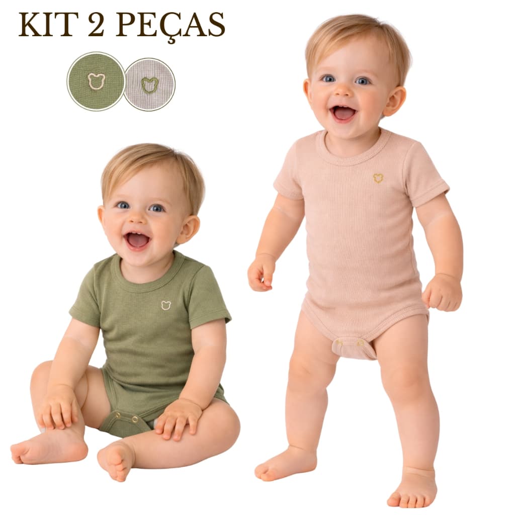 Kit 2 Peças Body Bebê Manga Curta Bordado Ursinho Ribana Canelada Liso Unissex Enxoval
