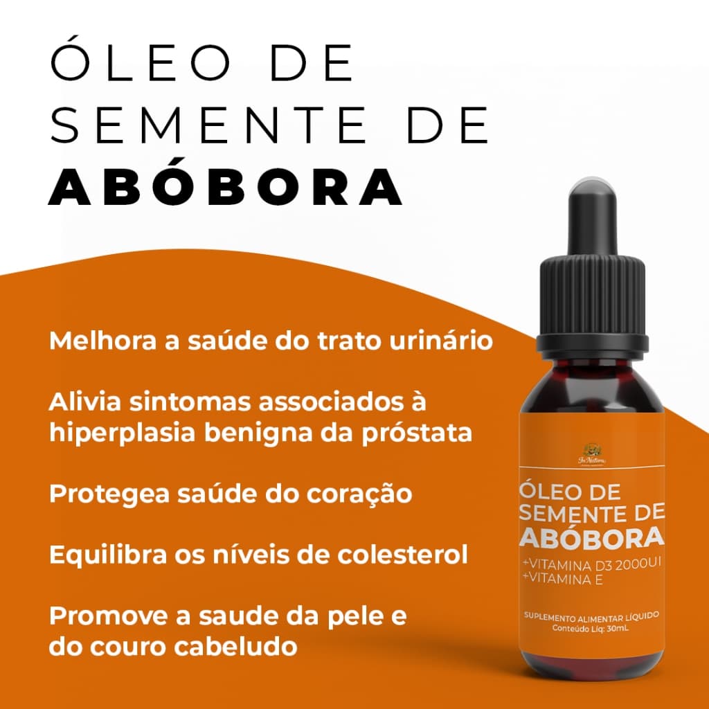 Óleo de Semente de Abóbora Líquido 30ml + Vitamina D3 2000UI + Vitamina E Antioxidante