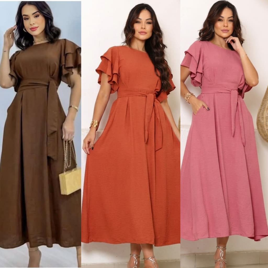 Vestido Feminino Tendencia Outono Manga Babado Detalhe Lastex na Costa Estilosa e Confortável Tecido Duna não Amasa