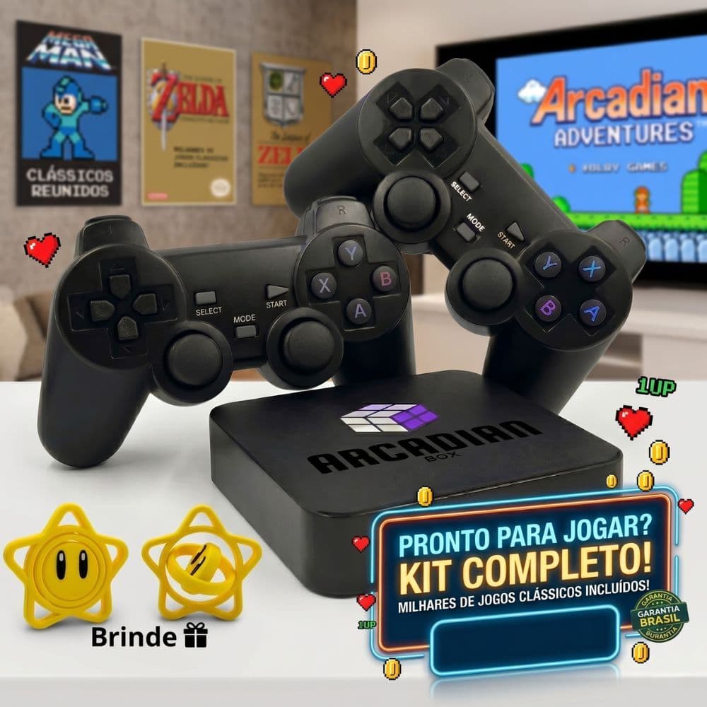 Vídeo Game Retro Arcadian Box Jogos + 2 Controles Sem Fio PS1 e N64