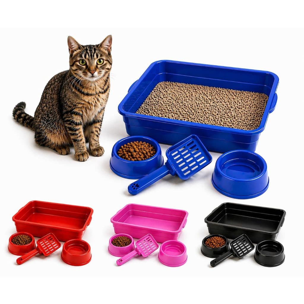 Kit Caixa de Areia Gatos Bandeja Comedouro e Bebedouro Comida Água Pá Higiênica