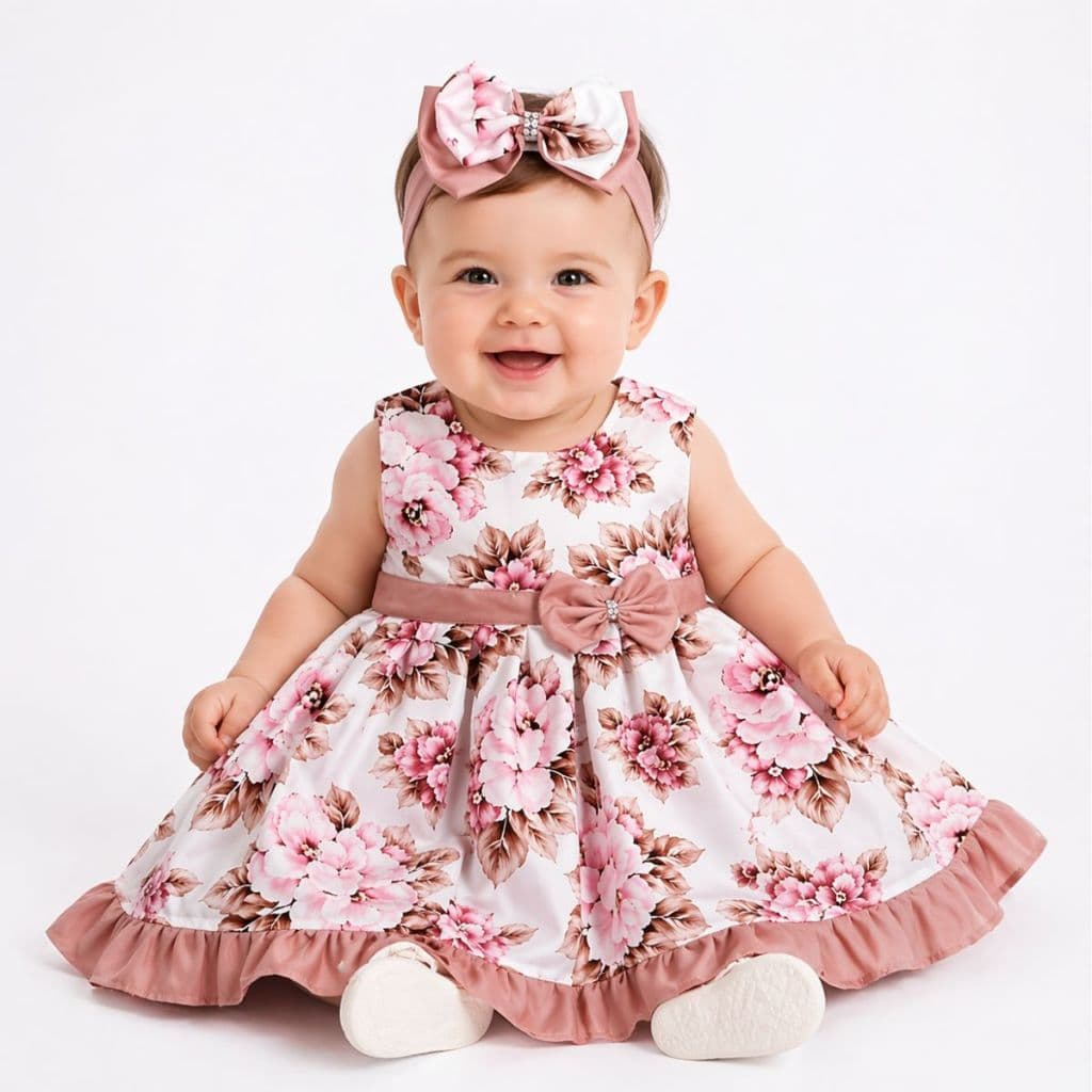Vestido Infantil Bebê Menina Ariele Com Tiara P ao 3 Anos Roupa 100% Algodão Infantil