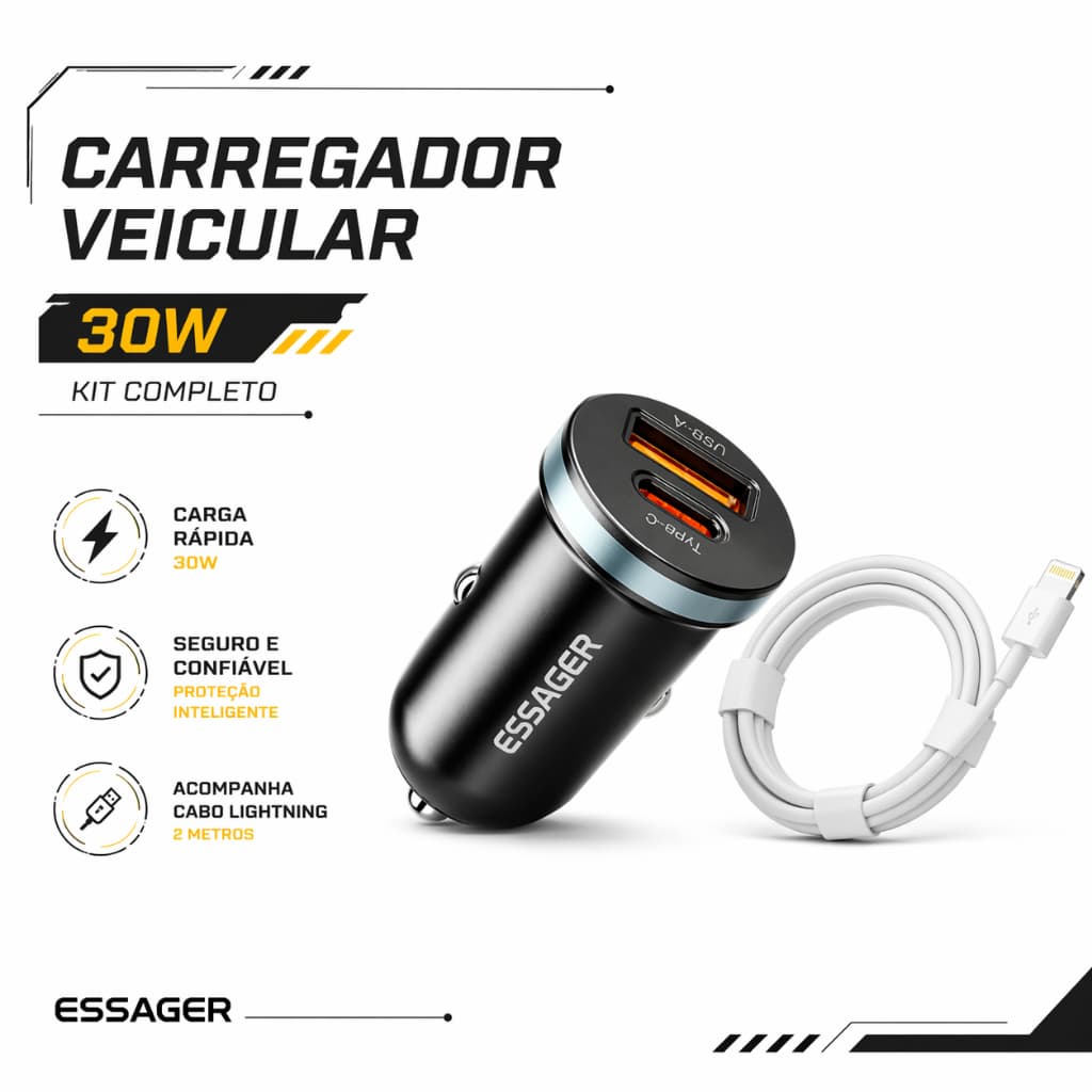 Kit Carregador Veicular e Cabo Lighting p/ Tipo C 2 Metros Carga Rápida Porta USB-C e USB-A
