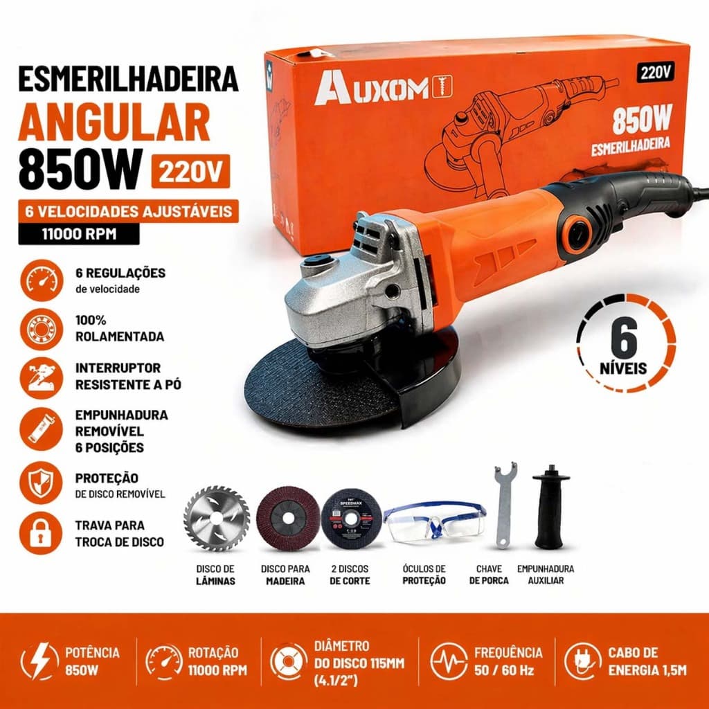 Esmerilhadeira Angular 850W 220V 115mm com 6 Velocidades Ajustáveis - 11000RPM para Corte e Desbaste