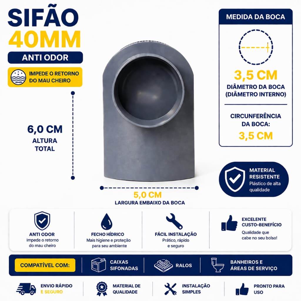 Sifão Caixa Sifonada 40mm Pequeno Anti Odor Fácil Instalação Herc