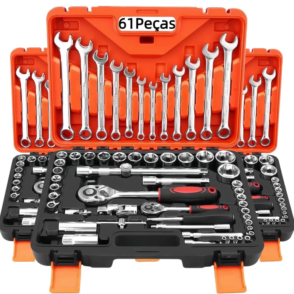 Kit 61 Peças Ferramentas Profissional  Jogo Soquete, Chave Combinada e Catraca com Maleta- Para Mecânica Automotiva