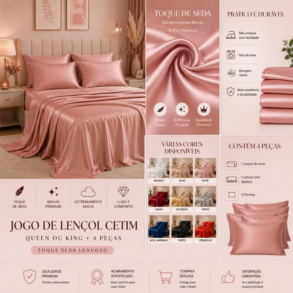 Jogo de Cama Anti-Frizz 04 Peças Cetim Charmousse Casal Queen King  Brilhante Sedosso Promoção