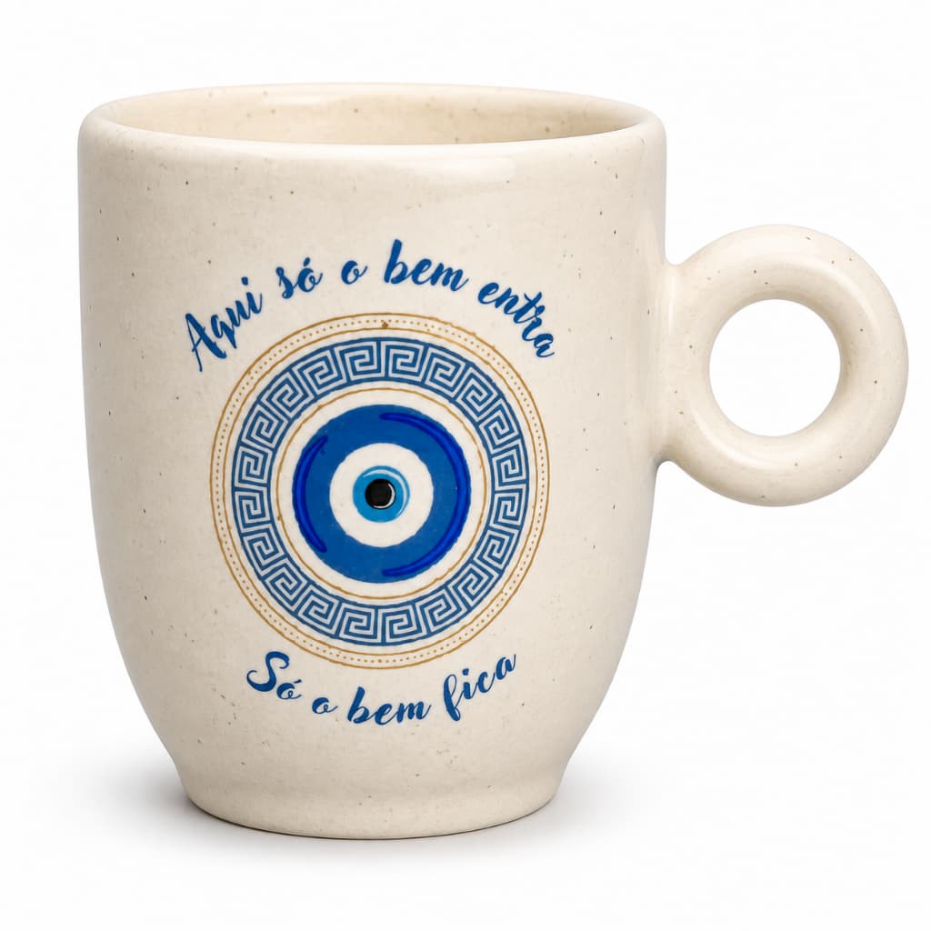 Caneca Bojuda Duo Olho Grego Dourado 230ml Cerâmica | Proteção Amuleto Energia Café Chá Decorativa