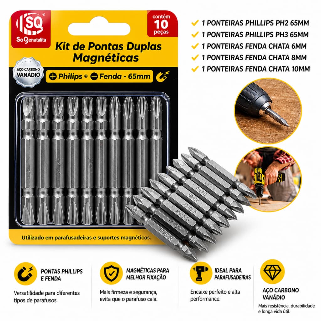 Bits 10 Peças Pontas Dupla Magnética Para Parafusadeira Furadeira Kit 10/20 Ph2 Philips Dureza X