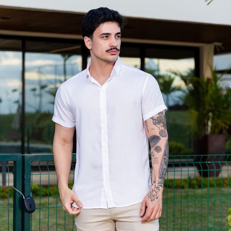 Camisa Social Masculina Manga Curta Viscose Premium Toque Suave Fácil de Passar