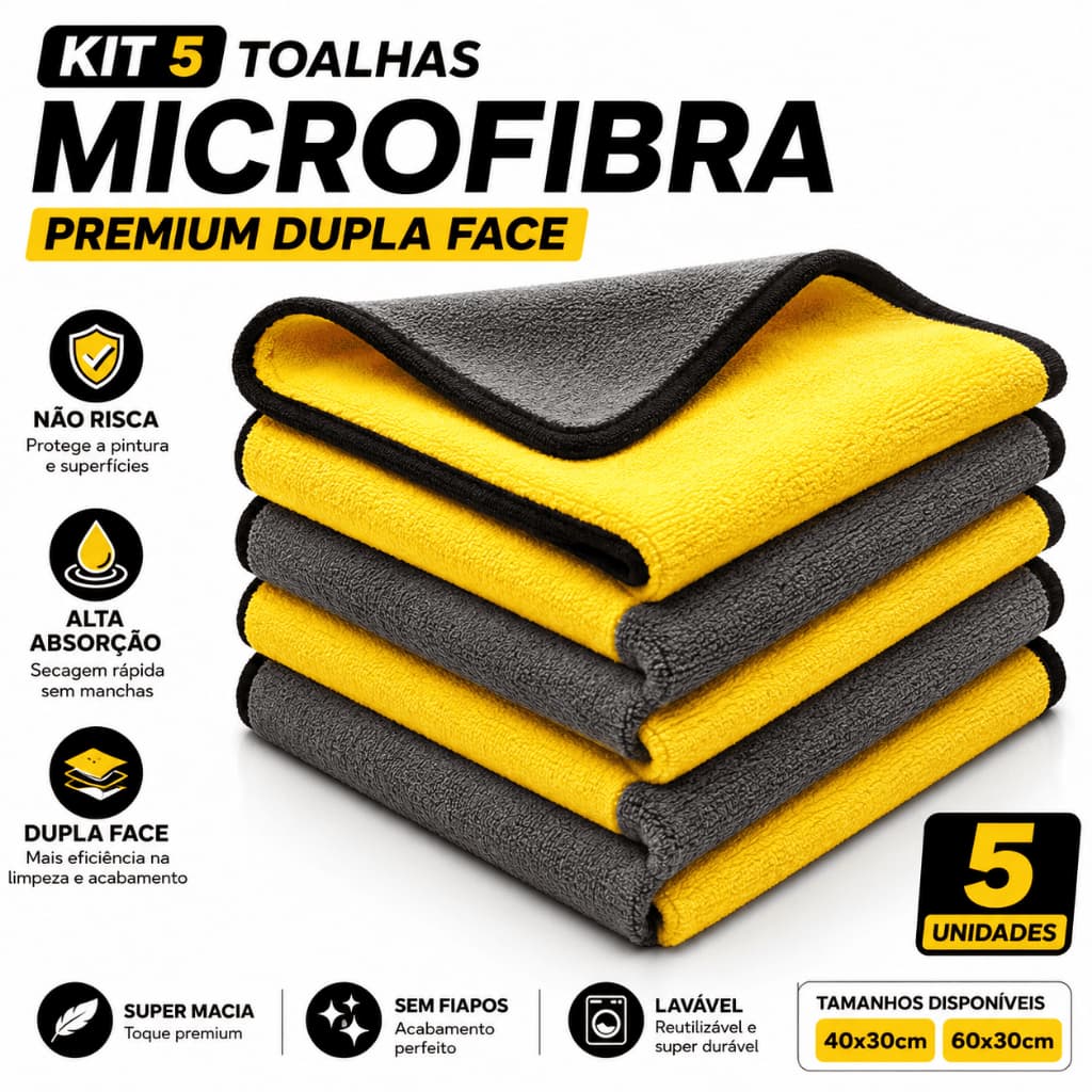 Kit 5 Flanela Pano Toalha Microfibra Automotiva 30x40 30x60 Premium Para Lavagem de Carro