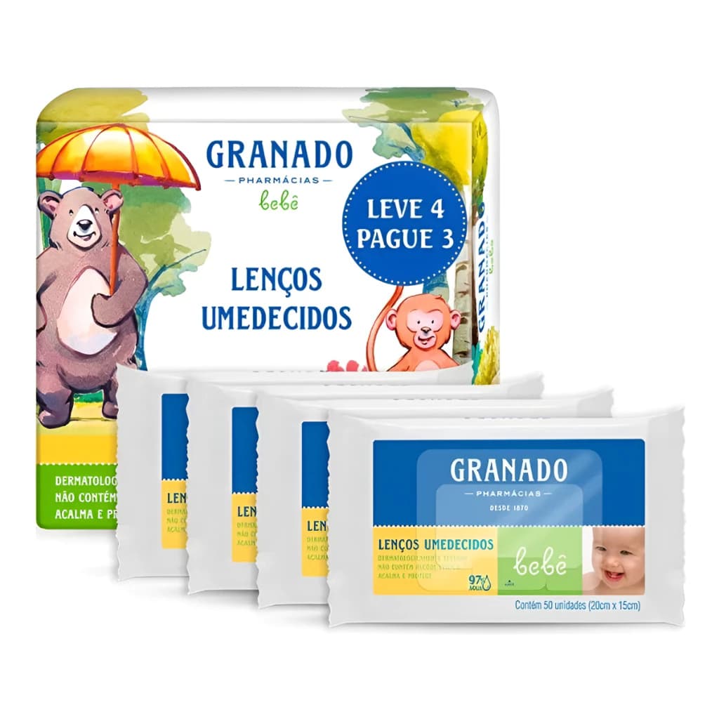 Lenços Umedecidos Granado KIT com 200 unidades (4 pacotes de 50 unidades cada) Bebê Tradicional