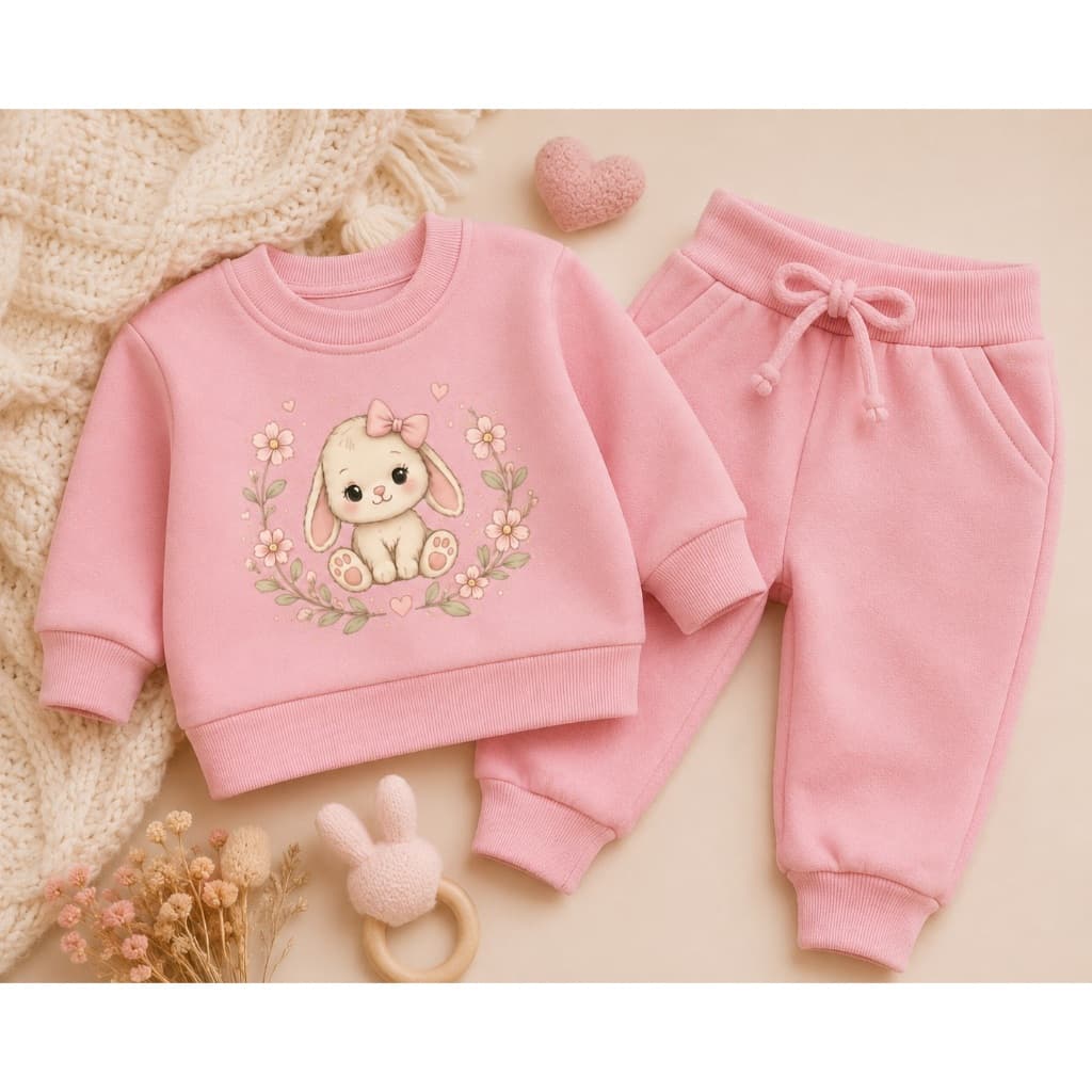 Conjunto de Moletom Infantil Feminino Rosa com Coelhinho