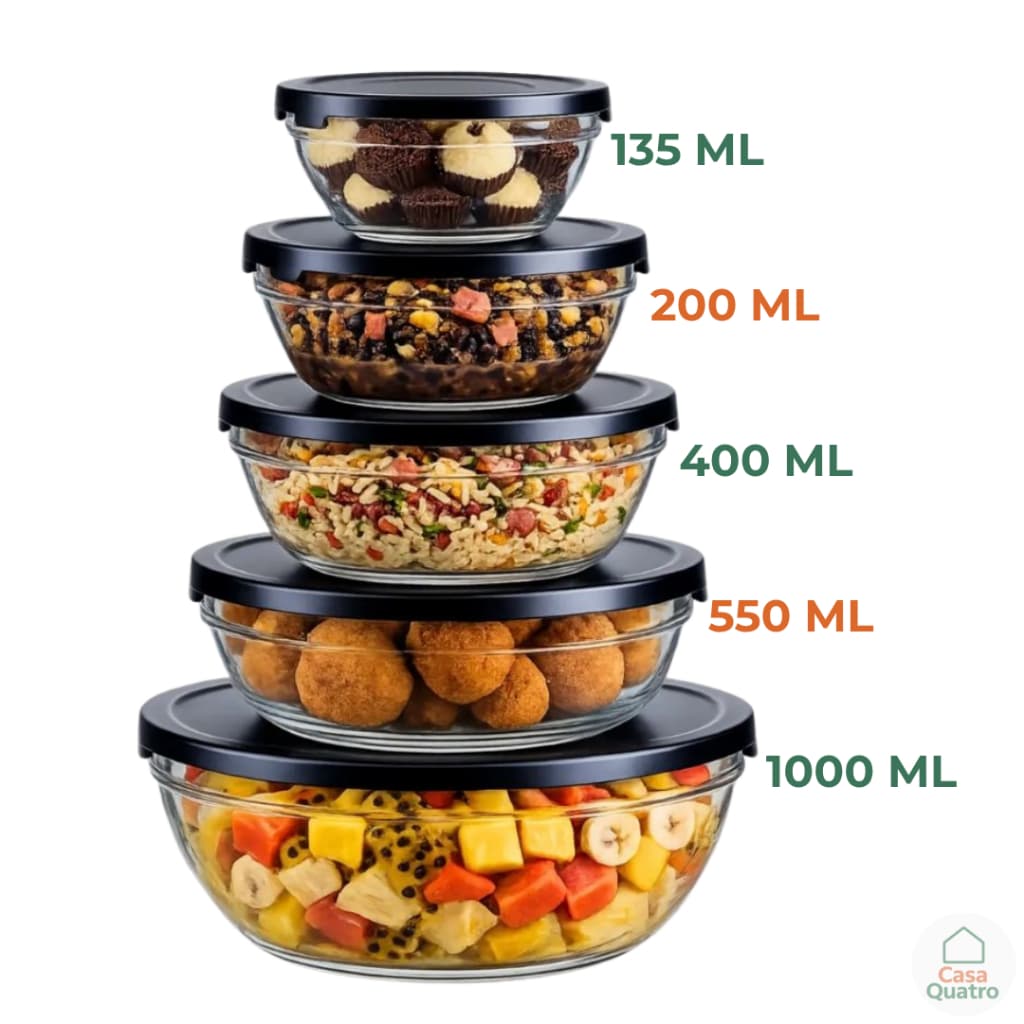 Kit Conjunto 5 Potes de Vidro Redondo Resistente Tigela Bowl Organizadores de Cozinha Multiuso