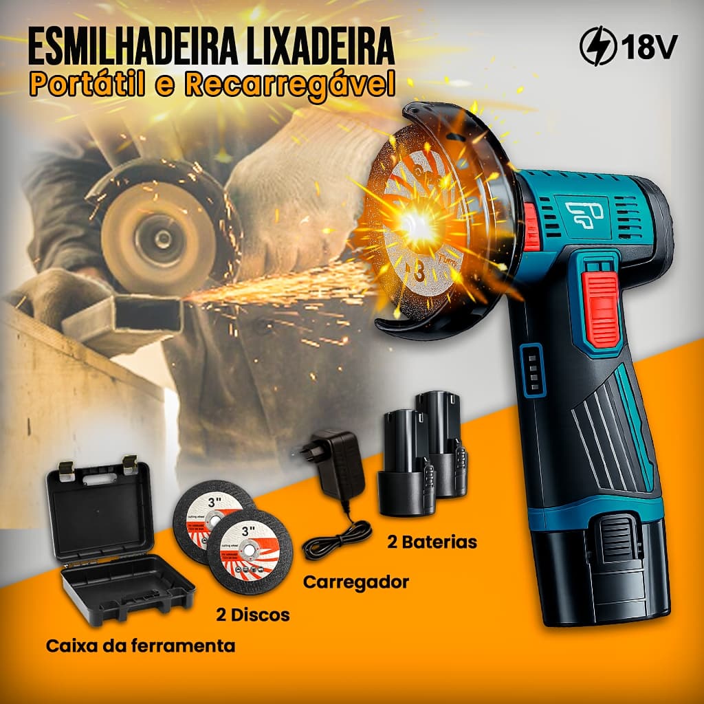 Esmerilhadeira Lixadeira Portátil 18V Recarregável 2 Baterias Bivolt Compacta Mini Profissional