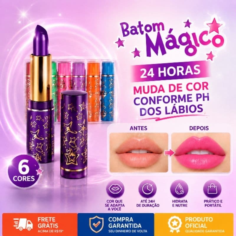 Batom Mágico 24h que Muda de Cor Conforme o pH dos Lábios | 7 Cores Disponíveis | Hidrata, Não Borra e Longa Duração