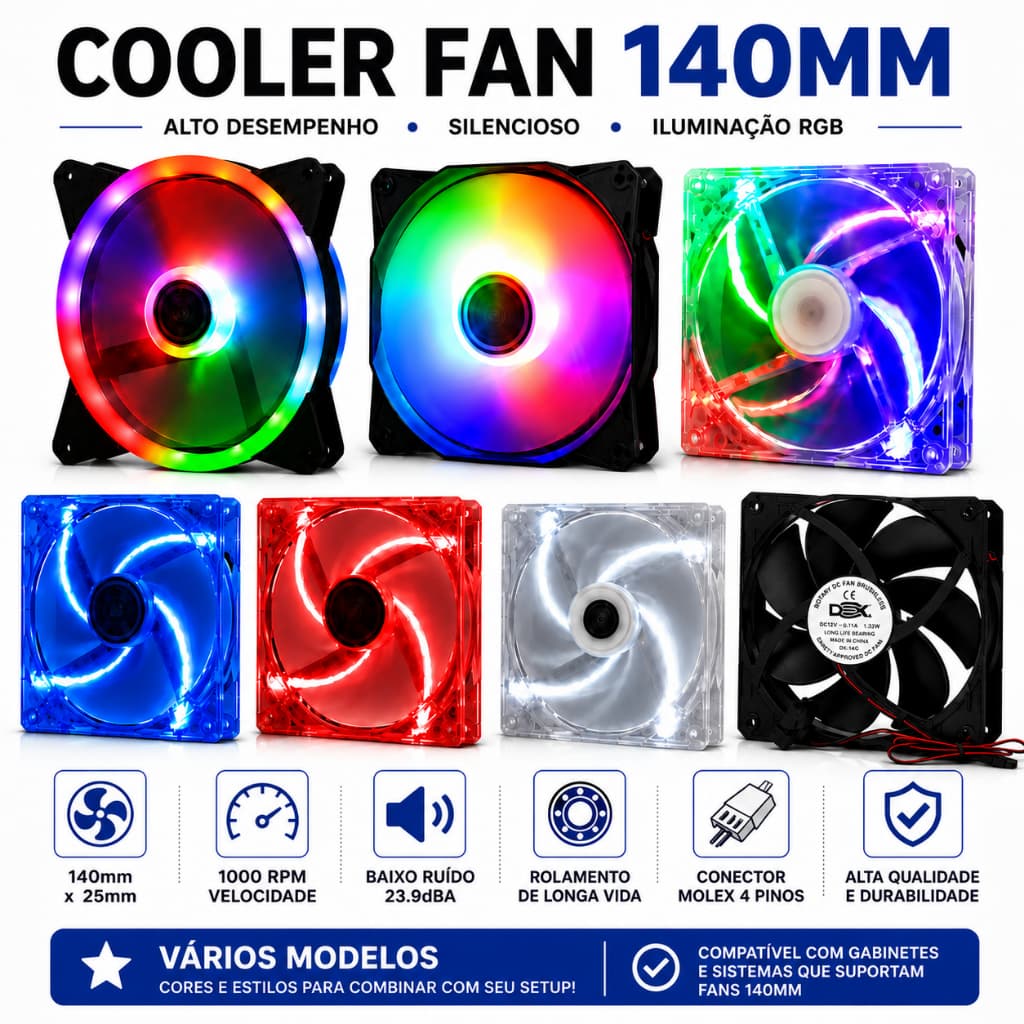 Cooler Fan 4 Led 3cores 14cm 140mm Gabinete Ventoinha