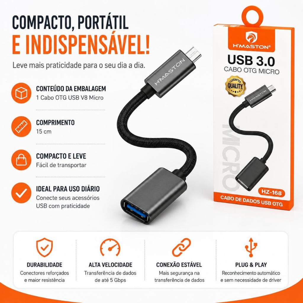 Cabo Adaptador OTG USB V8 Micro Para Celular Tablet Mouse Teclado Pendrive Android Plug Play