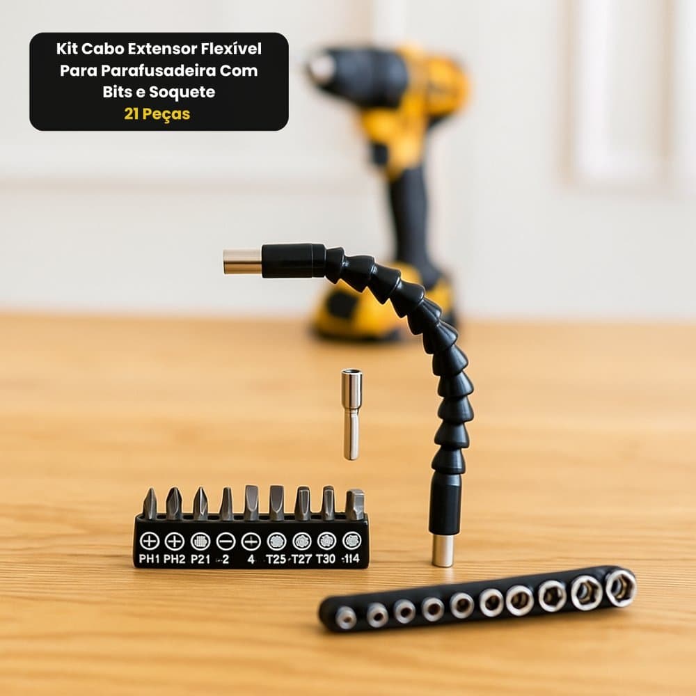 Kit Cabo Extensor Flexível Para Parafusadeira Com Bits e Soquete - 21 Peças + Parafusadeira e Furadeira a Bateria 12V