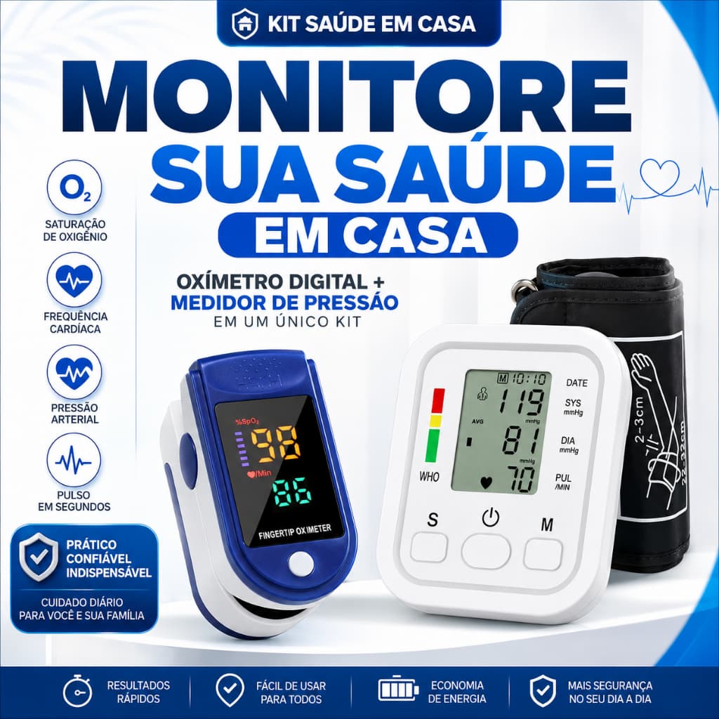 Kit Oxímetro Digital de Dedo + Aparelho Medidor de Pressão Arterial Digital de Braço LCD