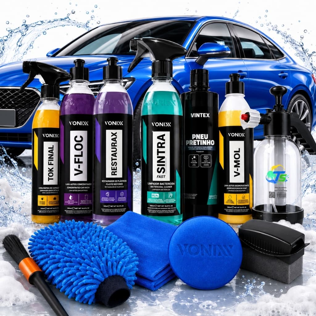 Kit Completo Lavar Carro Rapido Cera Pulverizador 2l Brilho V-Floc V-Mol Restaurax Sintra Fast Pneu Pretinho tok final